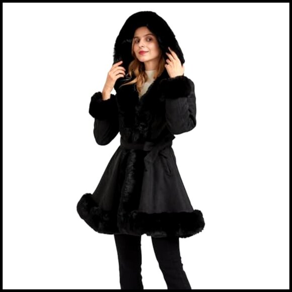 Faux Fur Collar Suede Jacket Belted Parka Coat Winter Outerwear Long Sleeve - Picture 5 of 6